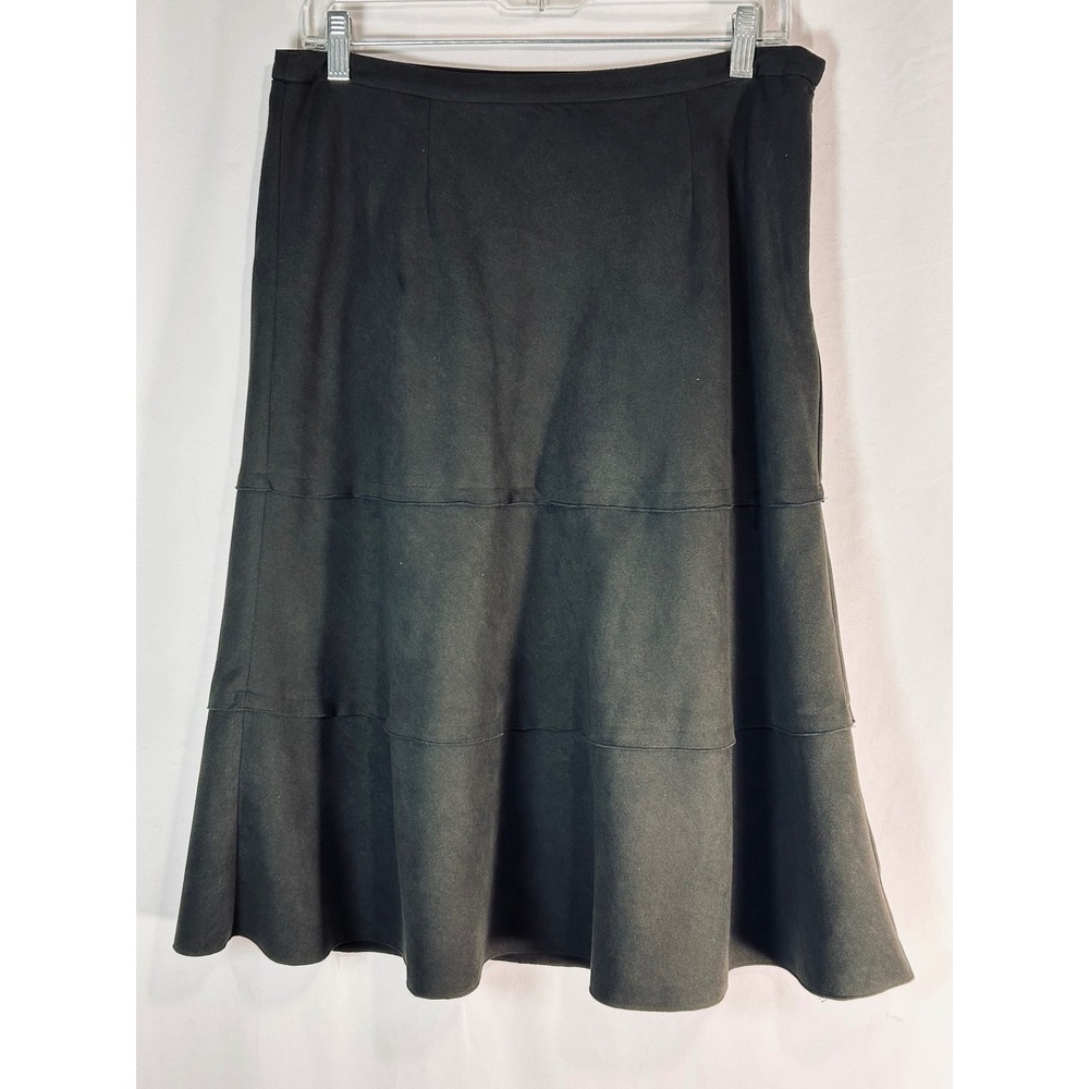 Multiples Black Faux Suede Tiered Midi Skirt Size 6 A-Line Paneled Side Zip